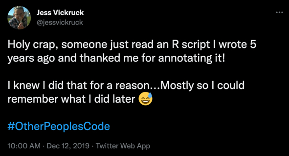 Tweet by Jess Vickruck about annotating code